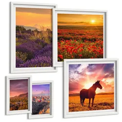 BILDER SET 5er Set - 50x50 cm & 20x30 cm & 40x60 cm Weißer Rahmen - Berglandschaft Rosslavendel