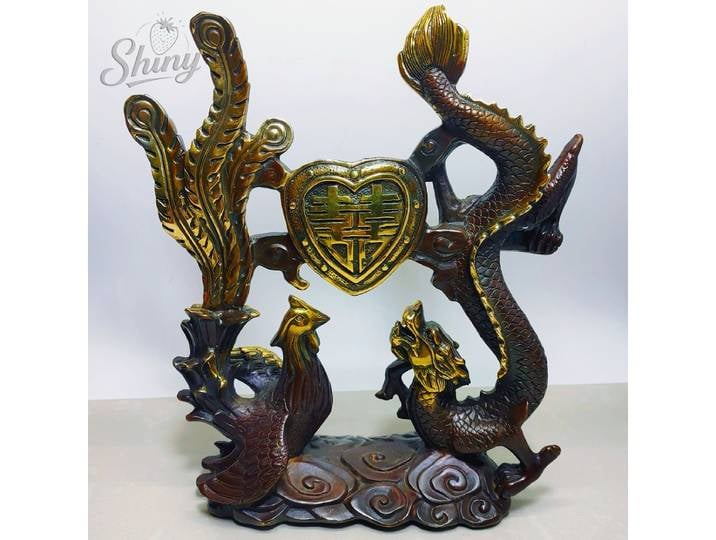 Ornement de phénix Dragon doré, Sculpture de bénédiction de mariage chinois ancien, cadeau de mariage, artisanat Vintage, décorations de bureau