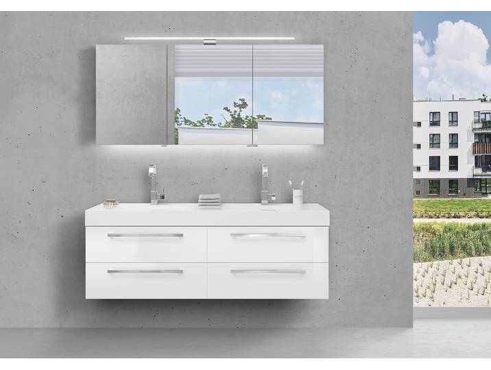 Doppelwaschtisch 160 cm Badmöbel Set mit Unterschrank, MULTI Light LED Spiegelschrank