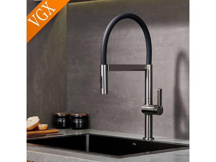 VGX robinet de cuisine robinets d'évier robinets de pulvérisation en caoutchouc extractible mélangeur de cuisine rotatif robinet d'eau grue chaude et froide laiton gris