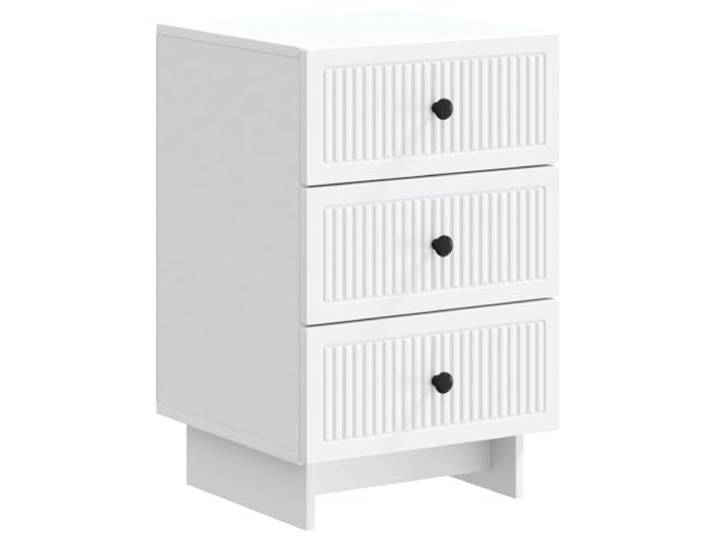 Fisinber Nachttisch Weiß mit 3 Schubladen 43x41x66,5 cm Holzwerkstoff Drei Schubfächer schaffen Ordnung im Schlafzimmer. Pflegeleichter Schrank mit stilvollen schwarzen Metallknöpfen.