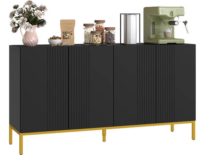HOMCOM Buffet menuble de rangement design contemporain graphique 2 placards porte étagères réglables en bois noir métal doré