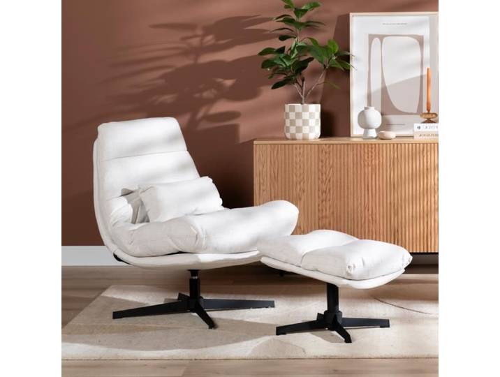 Livin24 Fauteuil pivotant avec pouf Cristo tissu lin blanc cassé