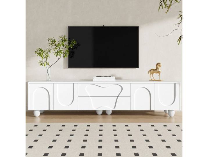 Meuble TV avec pieds en bois 180 cm blanc - un meuble TV minimaliste et élégant avec beaucoup D'espace de rangement