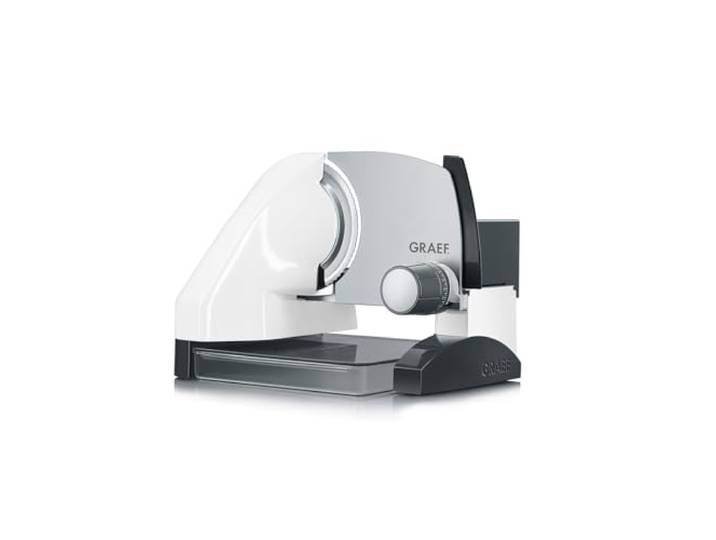 GRAEF Trancheuse S50001 blanche\, lame inox Ø170 mm\, boîte de rangement\, MiniSlice\, épaisseur réglable\, commande centrale\, coupe rapide\, silencieuse\, construction surélevée\, design moderne