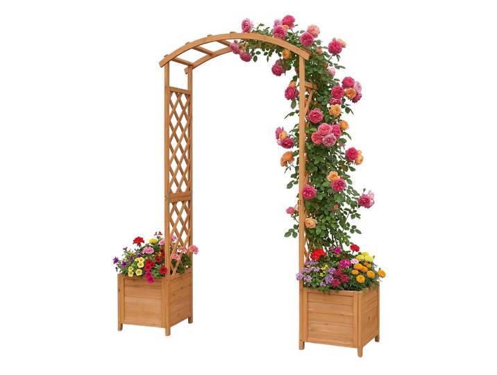 Relaxdays Rosenbogen Orange Tannenholz mit 2 Pflanzkübeln, Holz, 180x206x40 cm, Dekoration, Gartendeko