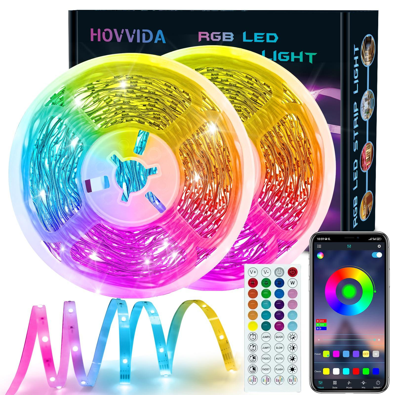 HOVVIDA RGB LED-strip, 20 meter (2 x 10 meter), 600 LED's, met app-bediening