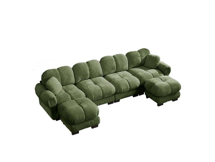 ELVORIN canapé d angle modulable 4 places en U chenille verte 2 ottomanes mobiles assise matelassée