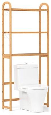 Costway 3-Tier Bamboo Bathroom Floor Organizer with 5-Position Shelves and 3 Hooks-Natural