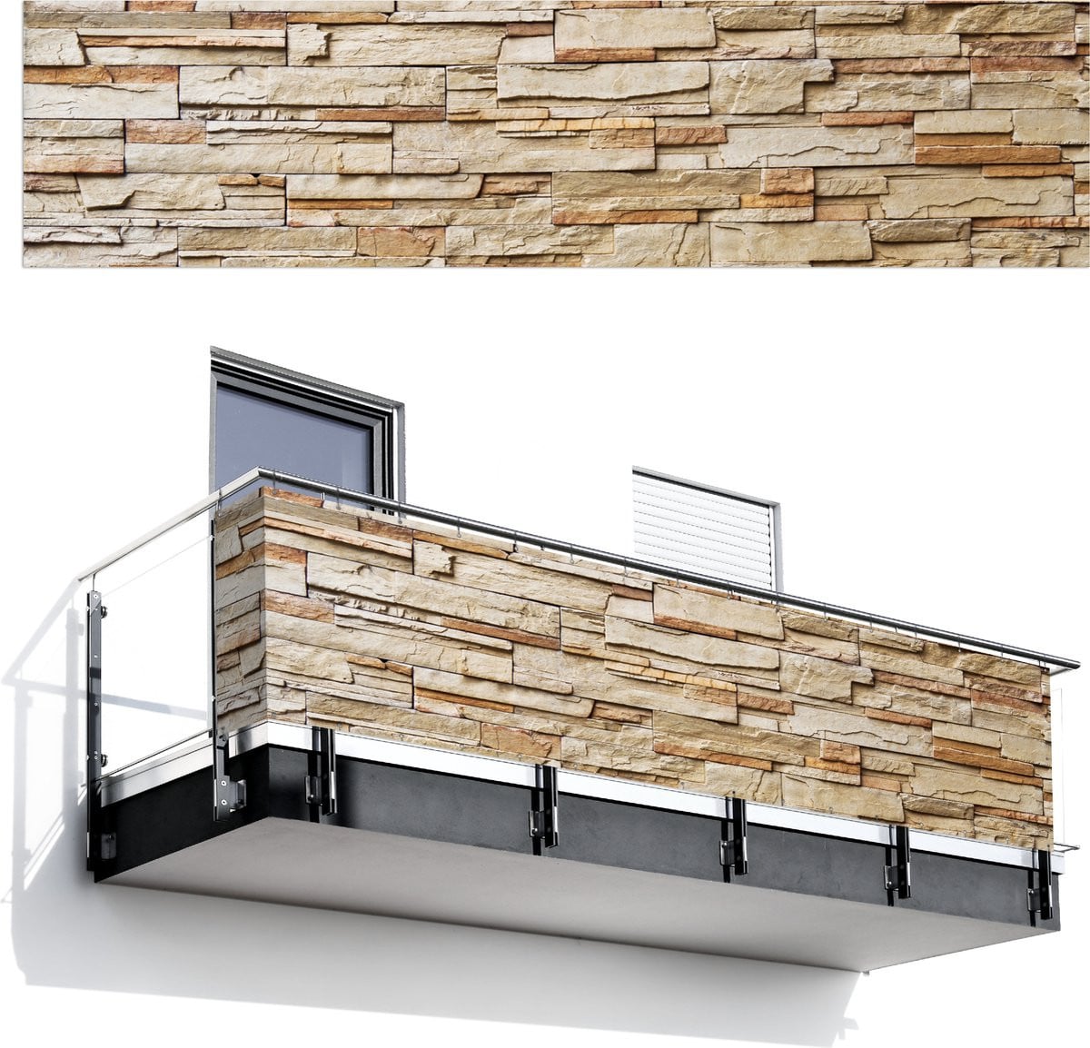 Balkonscherm met stenen decoratie in beige en bruin - 500 x 120 cm