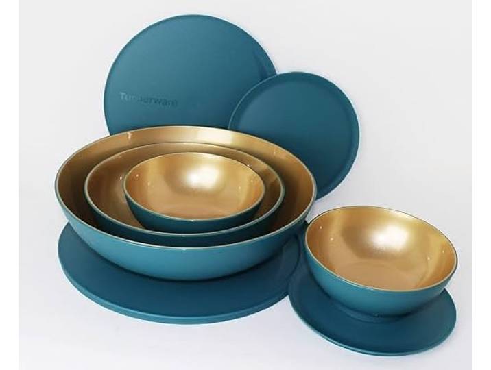 Tupperware Allegra Petrol Gold 1,5L + 740ml + 2X 275ml Servierschüssel, Schüssel + Aloha 450ml Orange