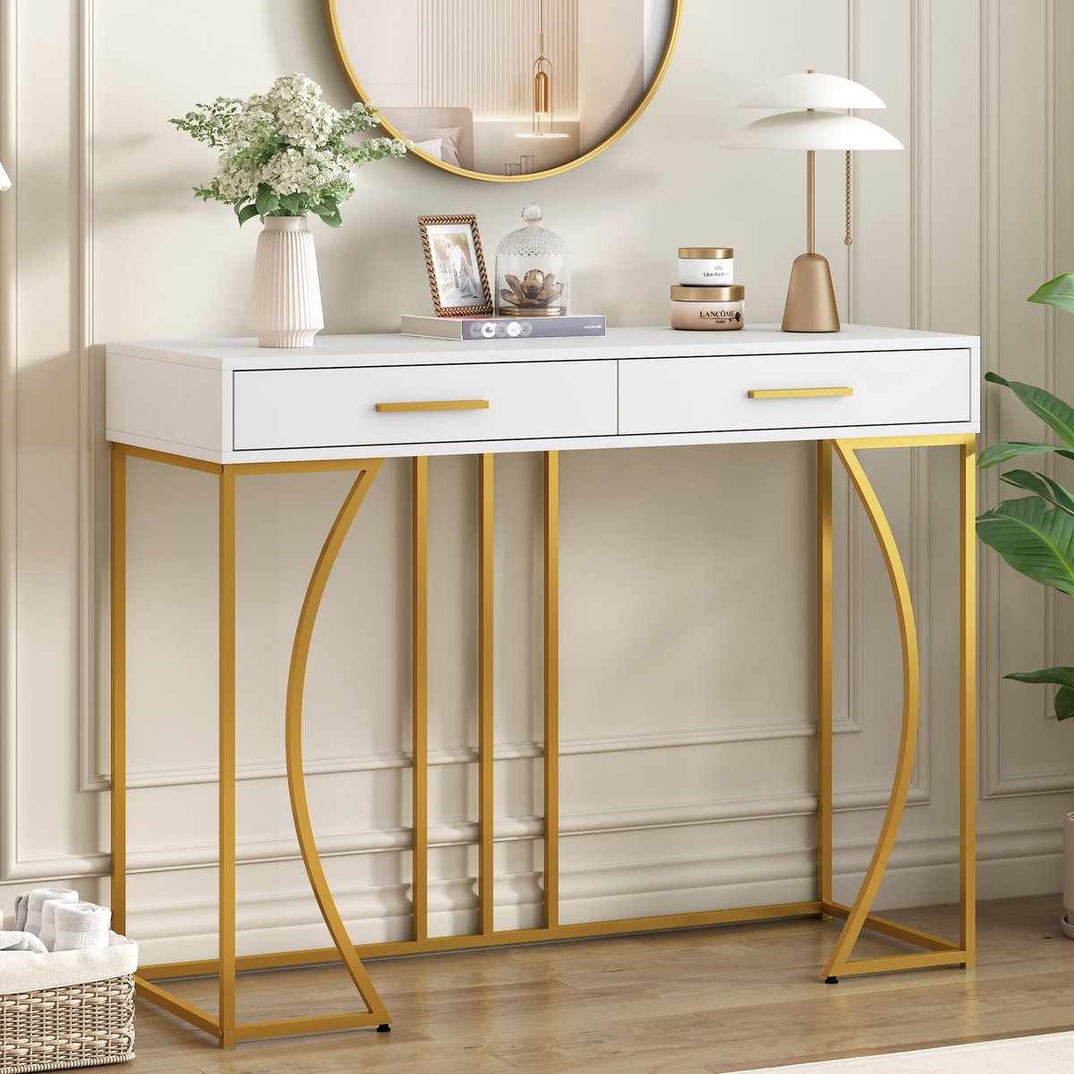 HAUSS SPOLE Consoletafel Smal Model met 1 Lade en Vergulde Grepen - Wit/Goud