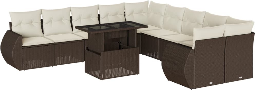 11-tlg. Gartenmöbel-Set, modulare Sofagarnitur mit verstellbarem Esstisch, Poly Rattan Braun, cremeweiße Kissen, UV-beständig