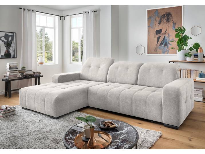 Ecksofa mit Sitztiefenverstellung Grau Webstoff Jimin 290 x 102 x 185cm Longchair davorstehend links Modern