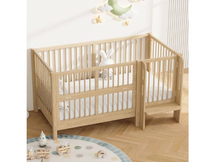 Lit Bébé Évolutif 70×140 cm barrière rabattable porte sécurisée et marchepied - MEUNIQ - sans matelas bois naturel