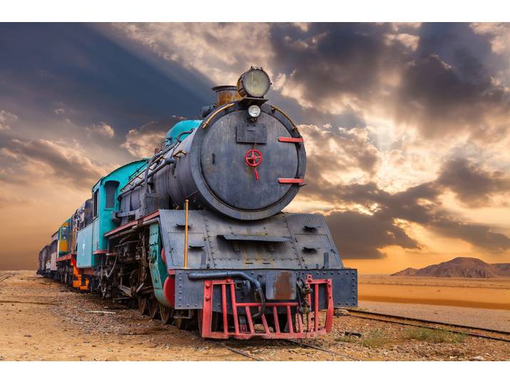 Fototapete PAPERMOON ZUG-LOKOMOTIVE WADI RUM WÜSTE JORDANIEN WAGEN GEBIRGE , bunt, B:4,5m L:2,8m, Vlies, Tapeten, Fototapete