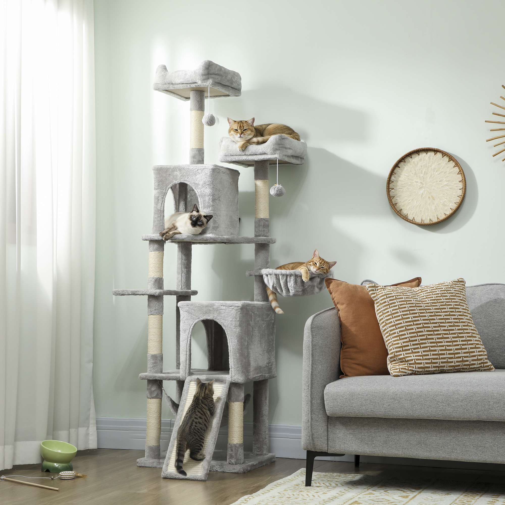 Pawhut Albero Tiragraffi per Gatti con 2 Casette, 2 Lettini, Trespolo e 2 Palline, 48x40x177 cm, Grigio Chiaro e Beige   Aosom Italy