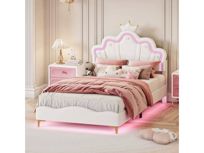 Kinderbett 90x200 mit LED-Streifen, Polsterbett für Mädchen, Kinder Prinzessin Bett, Kronen-Einzelbett 90x200 mit Verstellbares-Kopfteil, Bettgestell mit Lattenrost, PU-Leder, ohne Matratze