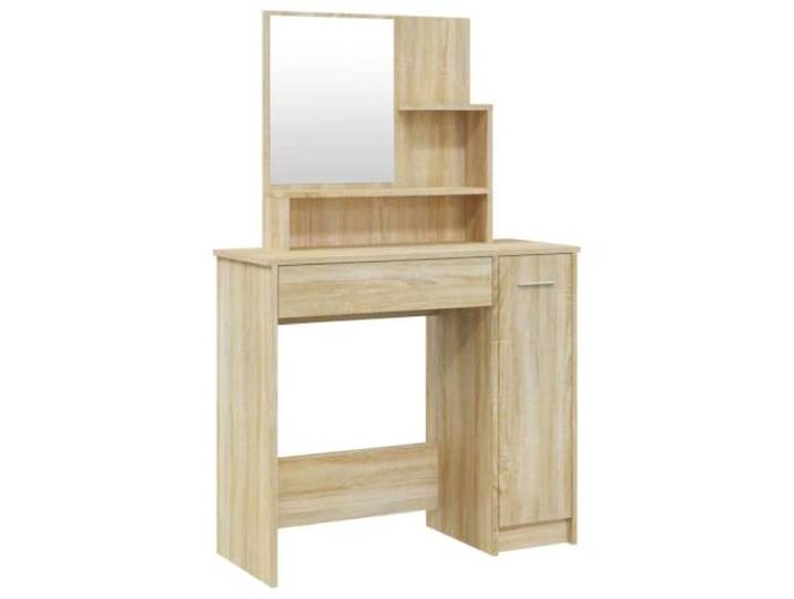 HNSMFPRE Schminktisch mit Spiegel, Sonoma-Eiche, 86,5 x 35 x 136 cm Schminktisch, Schublade, Fächer, offene Regale, Tür, Wandbefestigung inklusive