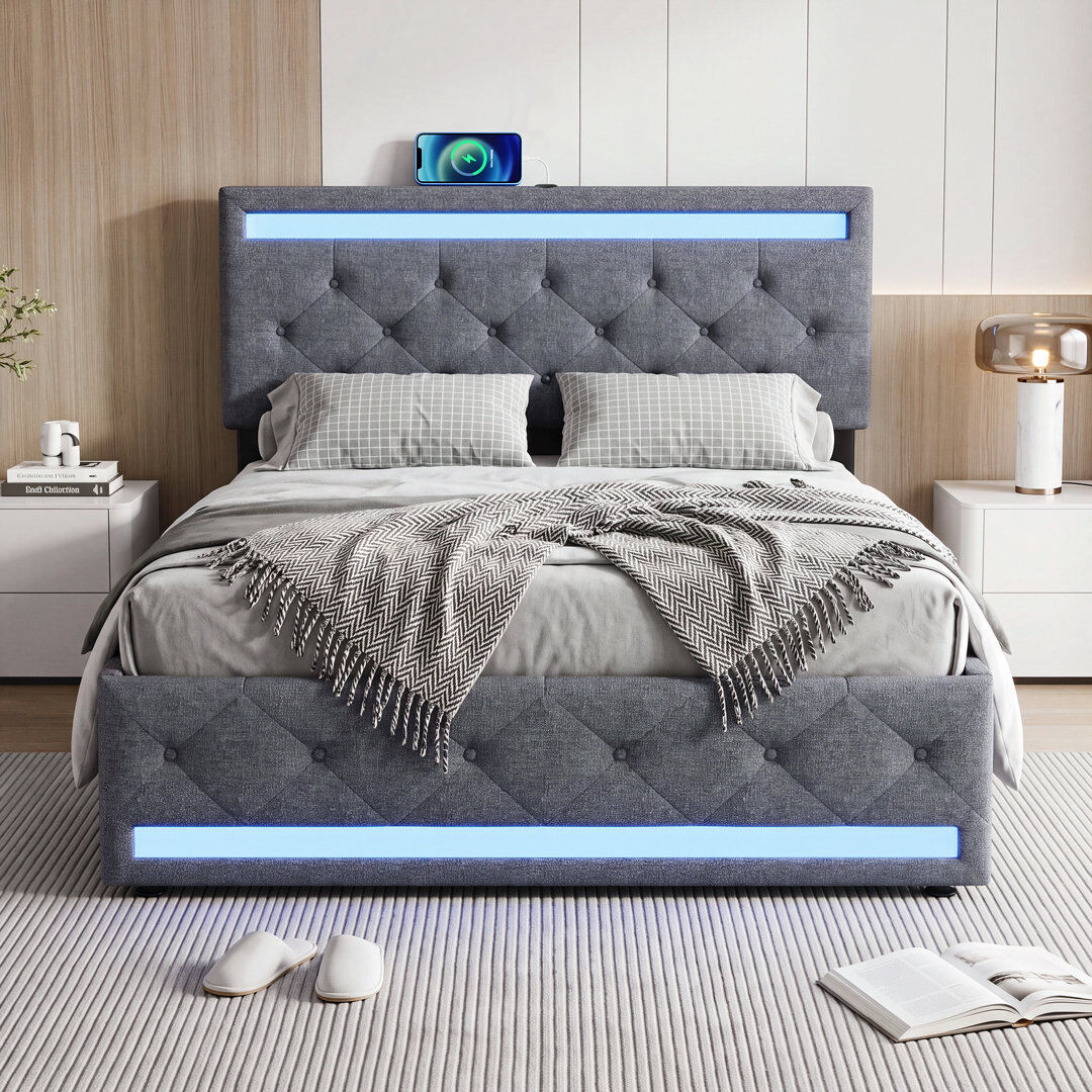 17 Stories Aadi Bed with LED and USB Base, Double Bed with 4 Storage Drawers and Slatted Base, Bed Frame for Adults and Teenagers Grey 135*190cm