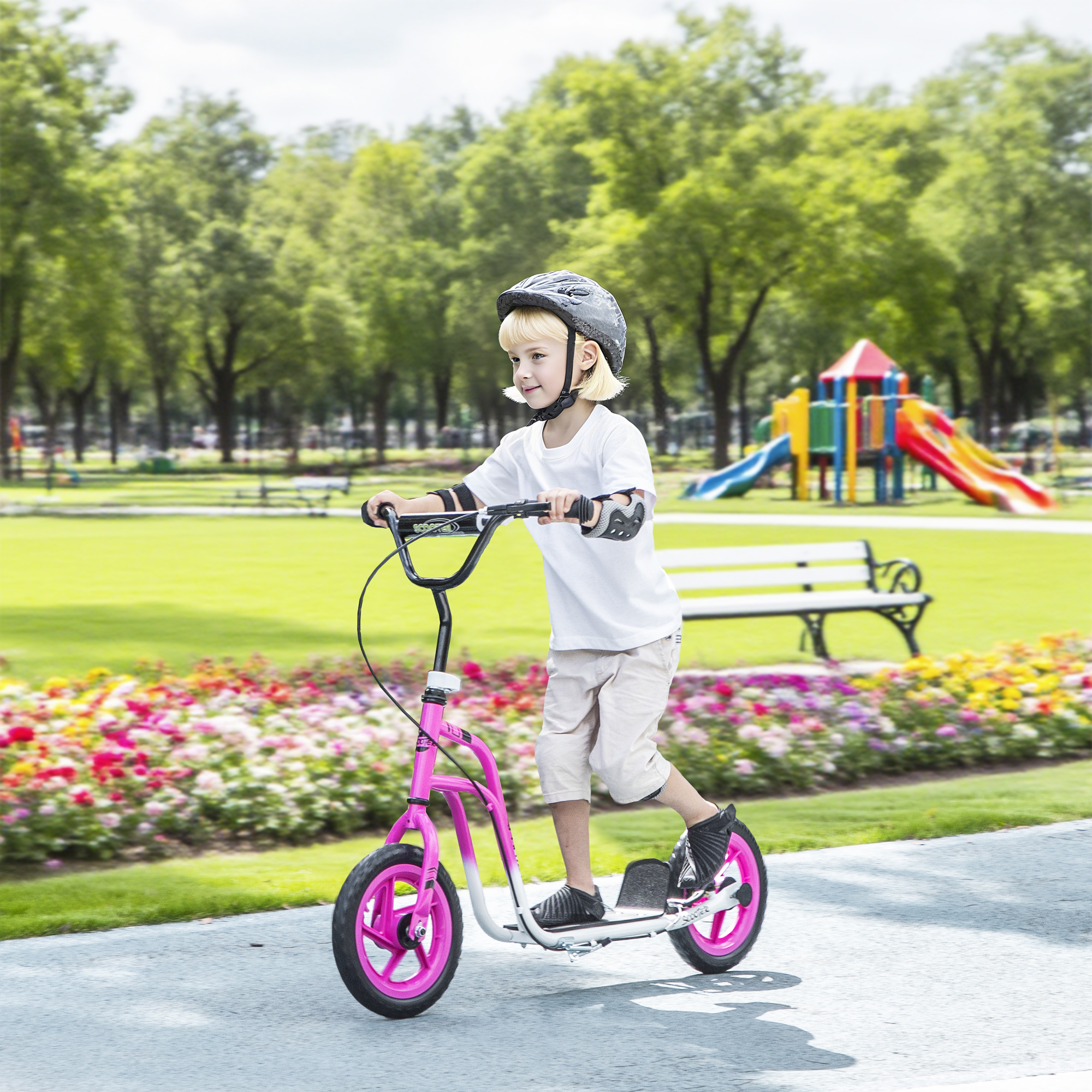 Aiyaplay Monopattino per Bambini con Manubrio Regolabile, Grandi Ruote, Supporto per Parcheggio, Freno a Mano, per Bambini dai 5 ai 12 Anni, Rosa   Aosom Italy