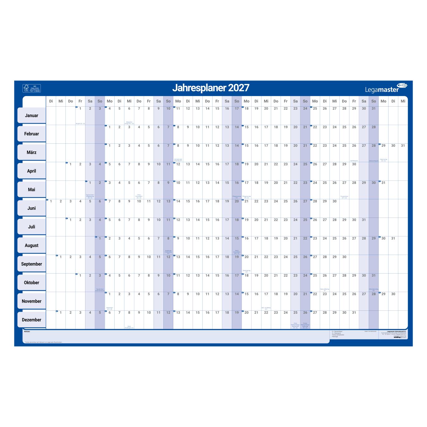 Legamaster Jahresplaner, Tageseinteilung 90,0 x 60,0 cm (7-420221-27)