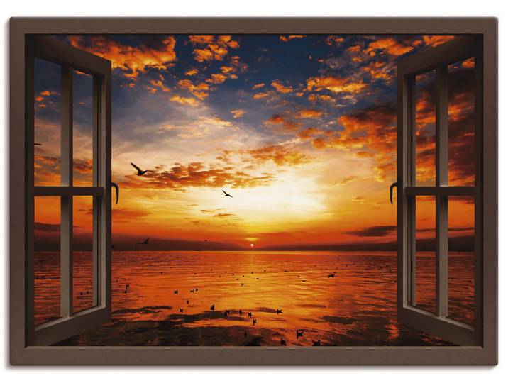 Leinwandbild ARTLAND Fensterblick Sonnenuntergang am Strand , braun (farbe bild(er): braun), B:70cm H:50cm, Bilder, Leinwandbild, auf Holzrahmen gespannt