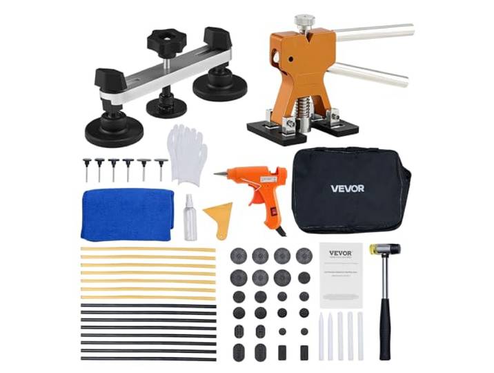 VEVOR Kit de Débosselage de Carrosserie sans Peinture 60PCs\, avec Extracteur Doré\, Pont de Débosselage\, Marteau en Caoutchouc\, Pistolet à Colle\, Outil de Réparation de Bosses pour Garage Atelier