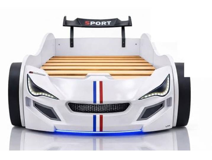 Aileenstore Autobett Turbo GTE 90x200 cm Weiß – Kinderbett im Rennwagen-Design mit LED-Beleuchtung, Sound & Fernbedienung, inkl. Lattenrost