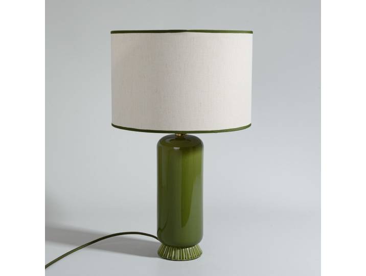 Grüne Steingutlampe mit beigefarbenem Lampenschirm und grünem Rand, H 49 cm