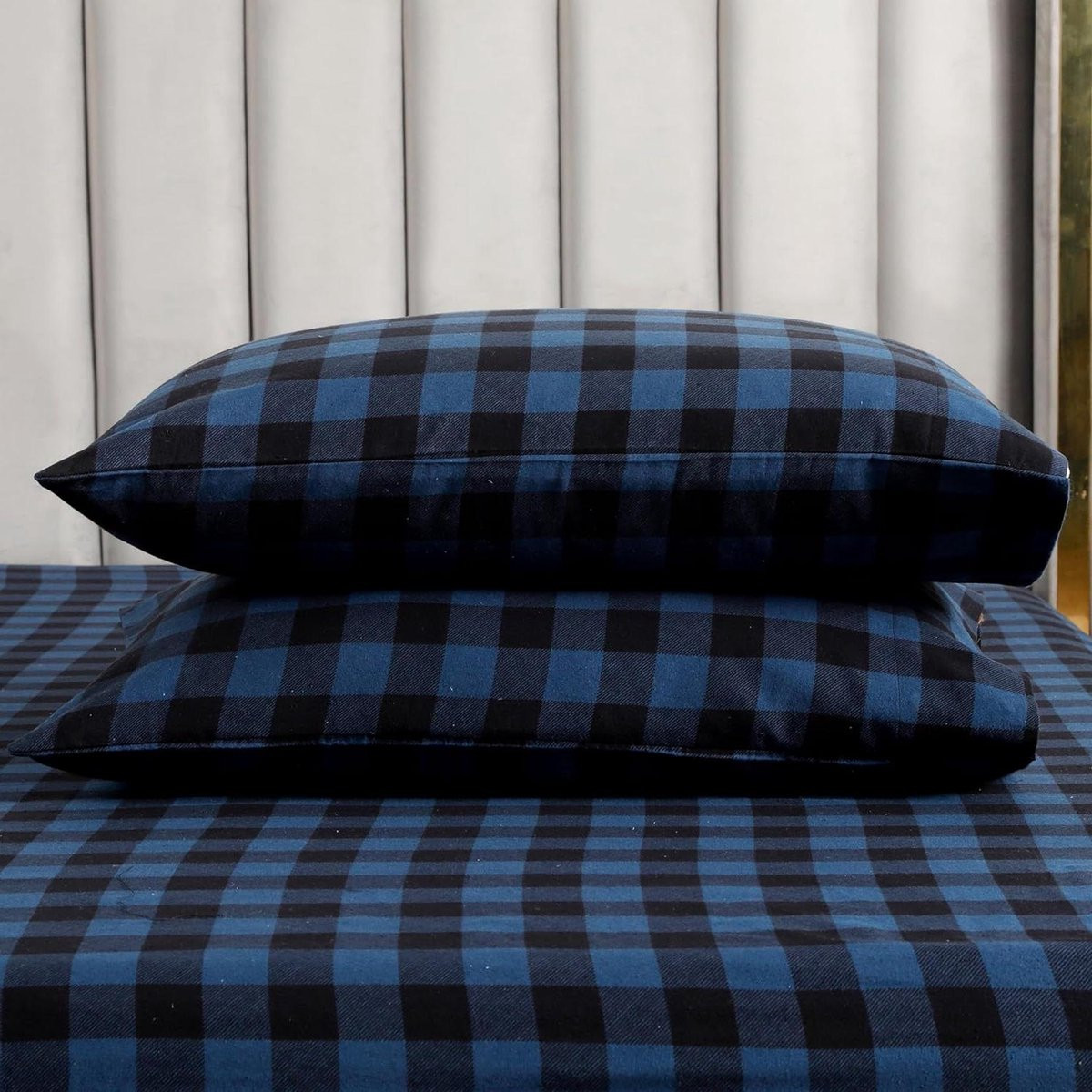 Blauwe geruite flanellen lakenset van 100% Turks katoen voor Queen Size
