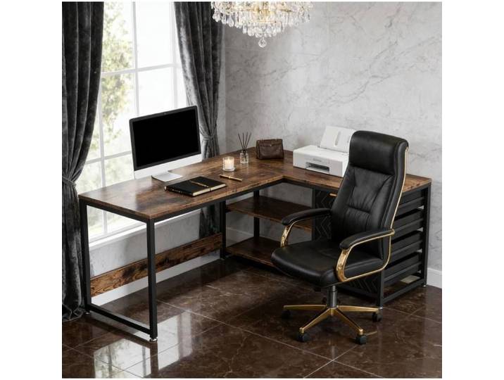 COVREO Bureau informatique d'angle en L réversible 150 x 110 x 75 cm 4 tiroirs 2 étagères