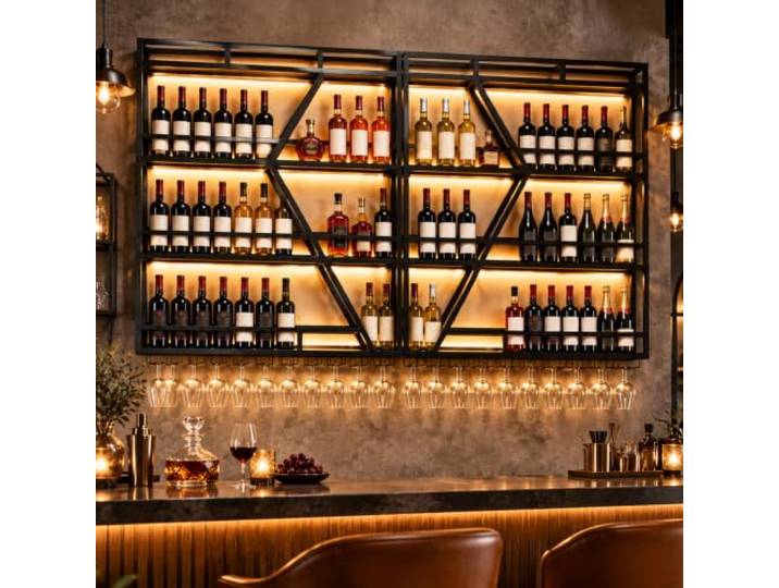 SPTZQURY Weinregal zur Wandmontage mit Wein Glashalter, 3 Lagiger Großes Industriell Schwebende Wandmontage Weinflaschenhalter, Bar Multifunktionaler Weinpareite Display Rack (Schwarz, 4 Tier,160cm)