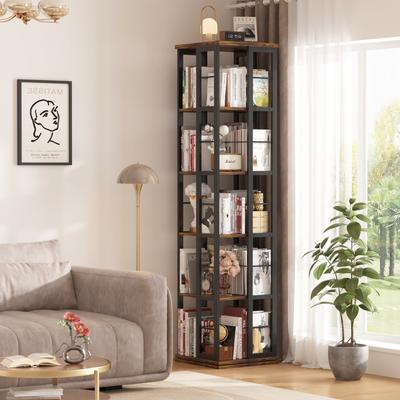 Rackcog 5-Tier Corner Rotating Bookshelf, 360 Display Wood Spinning Bookshelf, Floor Standing Bookcase Organizer Storage Rack