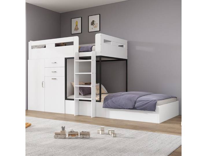 Lit superposé enfant avec bureau coulissant armoire tiroirs et étagères