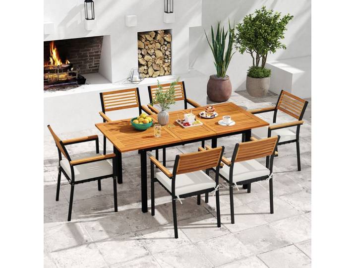 Ensemble 7 PCS Table et Chaises de Jardin COSTWAY en Acacia Table Extensible Chaises Empilables Coussins Amovibles Lavables
