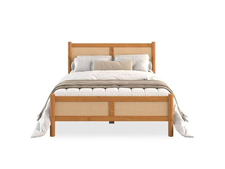Lit Double 140x200 CEFIRA Couleur Chêne Tête & Pied de Lit en Rotin Tressé en bois massif
