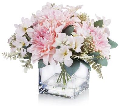 Enova Home Mixed Artificial Silk Dahlia Faux Flowers Arrangement in Cube Glass Vase with Acrylic Water for Home Office Decor
