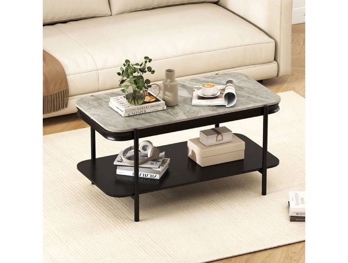 Table Basse Rectangulaire à 2 Niveaux COSTWAY Cadre en Métal Plateau en Pierre Frittée Étagère de Rangement Table de Salon Gris