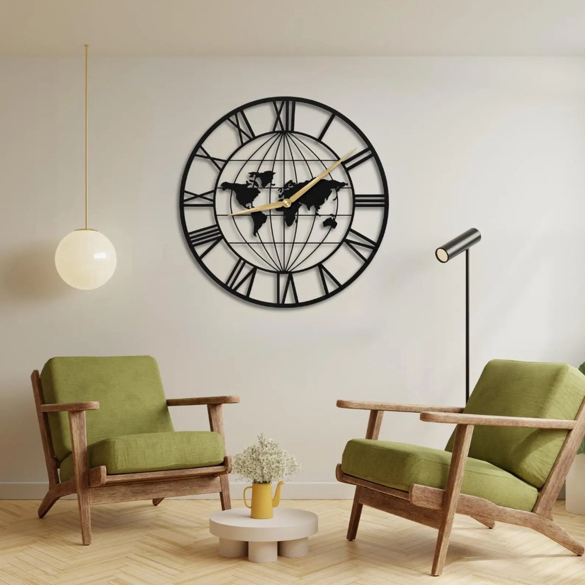 Wandklok Wereldkaart 50 cm – Zwarte Analoge Wandklok van MDF met Romeinse Cijfers