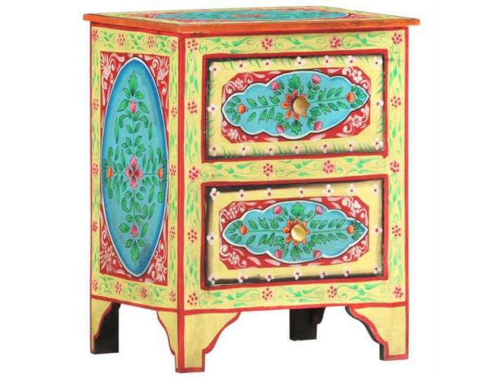 HEFZGDB Handbemalter Nachttisch aus Mangoholz und MDF 40×30×50 cm mit Schubladen, Retro-Stil, stabile Oberfläche, dekorative Verzierungen, langlebig, fertig montiert, Schlafzimmer