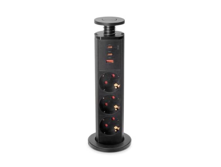 Emuca - Multiconnecteur élevable\, 3 Prises Schuko\, 1 USB A + 2 C\, Noir