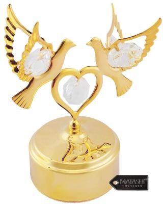 Matashi Home Decorative Showpiece 24K Gold Plated Music Box with Crystal Studded Love Doves Figurine on a Smooth Base