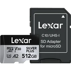 Lexar Professional Silver Plus (512 GB, microSDXC, U3, UHS-I), Speicherkarte, Schwarz, Silber