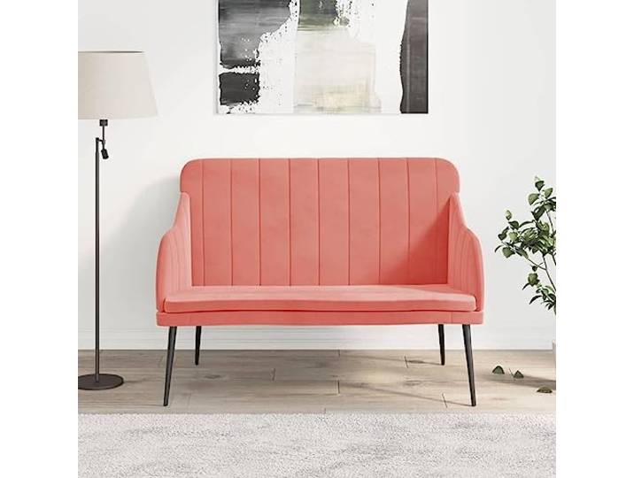 TEKGHUT Sitzbank Rosa Samt 110x76x80 cm mit Metallgestell Gepolsterte Sitzflaeche, schraege Rueckenlehne, robustes Metallgestell, Montageanleitung inklusive