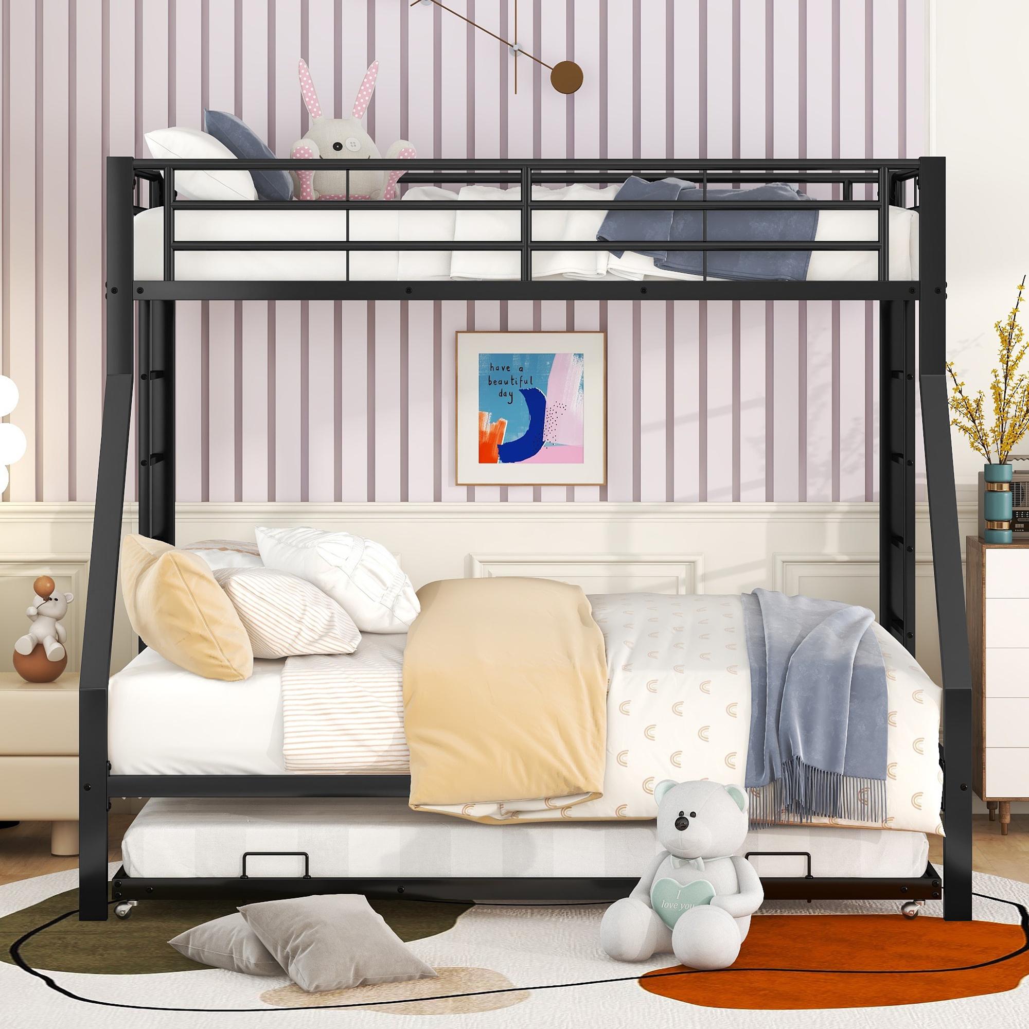 Metall Etagenbett mit Ausziehbett, Schwarz, mit beidseitigen Leitern