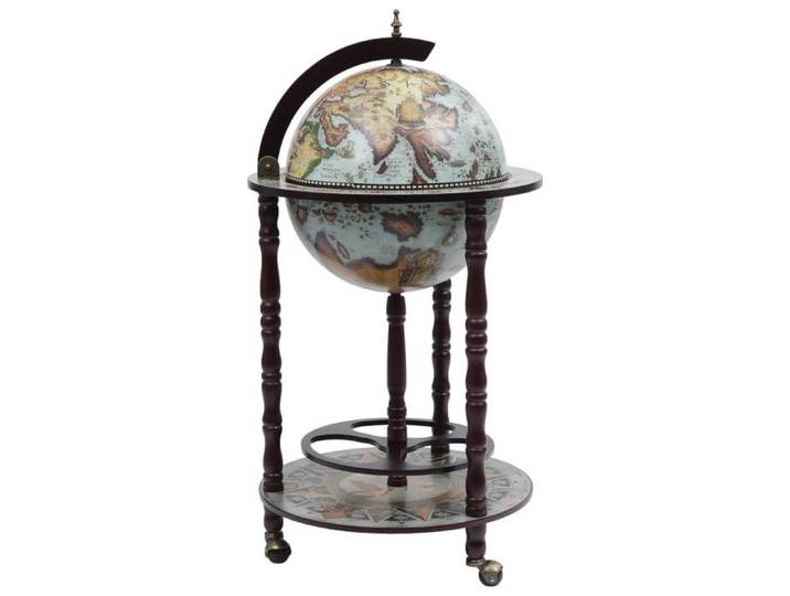 Bar globe en bois d'eucalyptus - Happiness - Bleu - Diamètre du globe 36 cm - 47x47x102 cm ouvert - 47x47x88 cm fermé