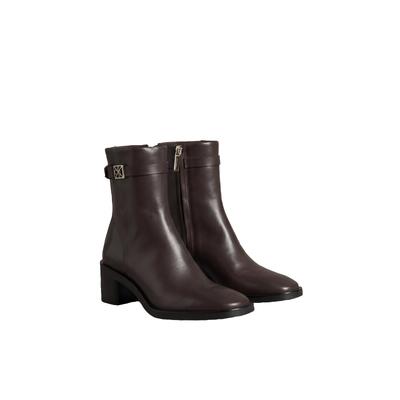 Stiefelette CALVIN KLEIN "BLOCK HEEL ANK BOOT LTH HDW", Damen, Gr. 37, Leder Textil, braun (braun, schwarz), unifarben, Schuhe Stiefelette, Ankle Boots mit CK-Schnalle, eckige Schuhspitze und Reißverschluss