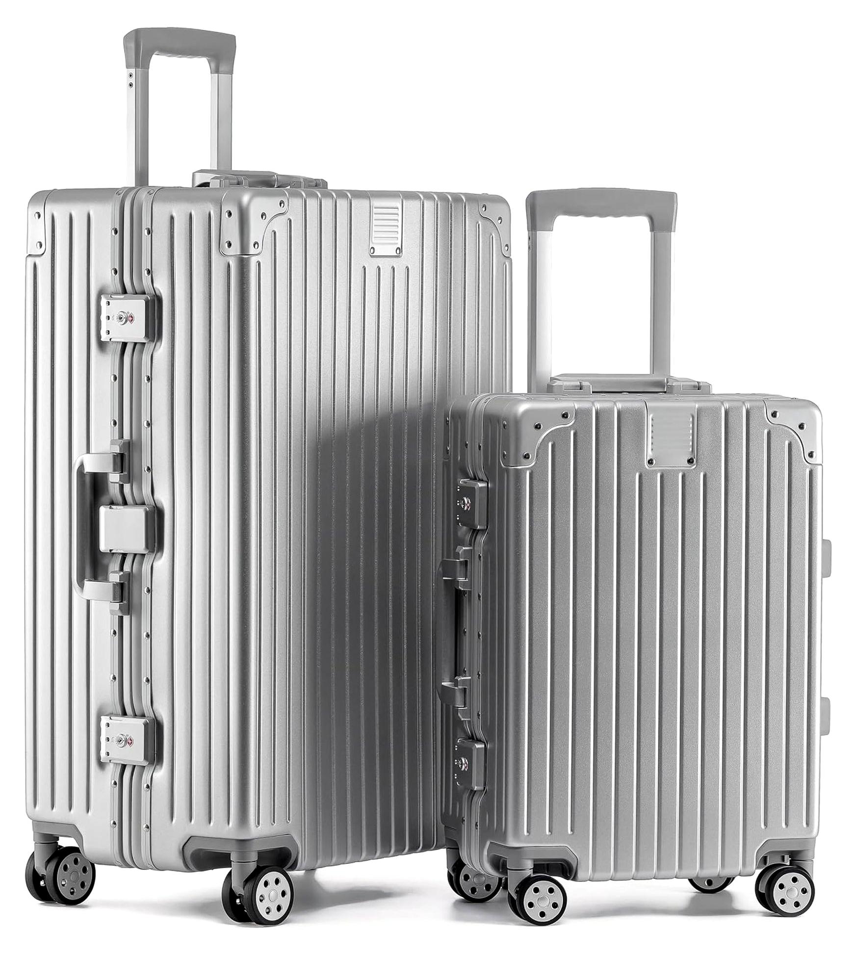 Zurich Kofferset 2 Teilig, M-55cm & XL-75cm Alu-Rahmen & Polycarbonat-Hartschale, Carry-on + Check-in Koffer, Reisekoffer Spinner mit 4 Rollen und doppelte TSA Schloss 35L + 94L (Silber)