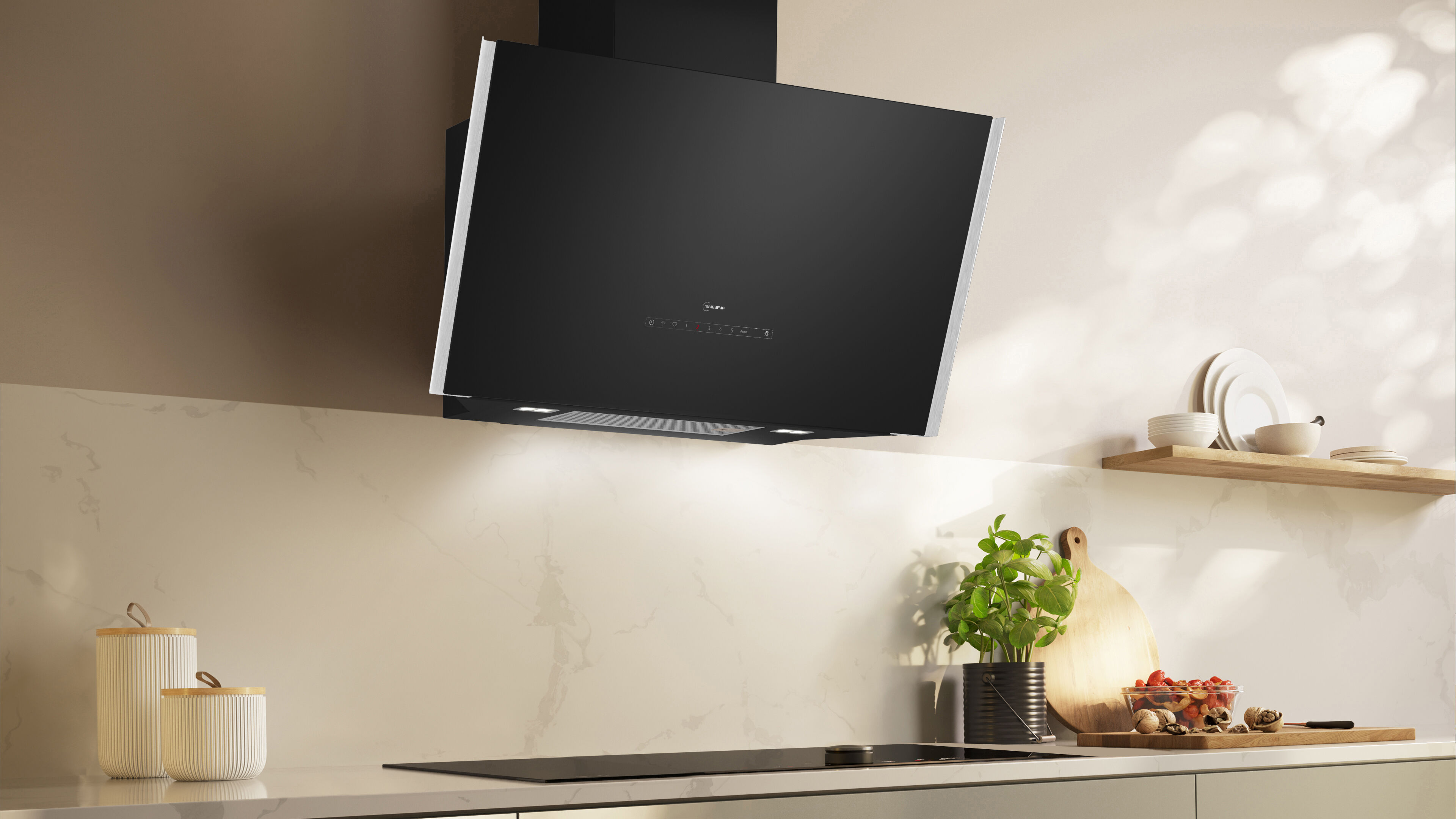 NEFF Kopffreihaube "D98IPT2S0", Energieeffizienz: A+, silber (schwarz), B:89cm H:45cm T:44,7cm, Dunstabzugshauben, Geräuscharme Küche dank Efficient Drive Motortechnologie, Kopffreihaube
